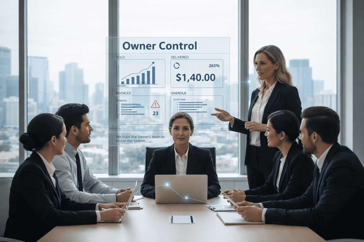 Photorealistic executive meeting where a team reviews an “Owner Control” dashboard showing sold, delivered, invoiced, and overdue metrics, illustrating how business owners gain clear visibility and confidence in cash and operational performance.