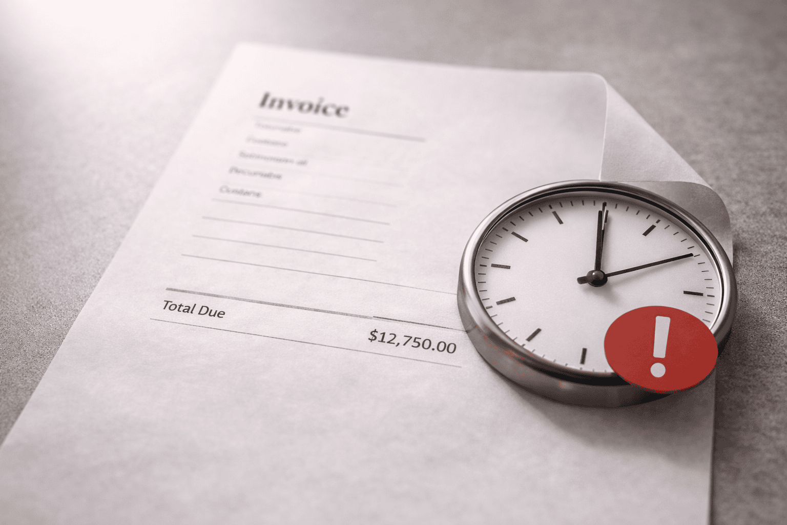 Photorealistic close-up of an unpaid invoice showing a total due of $12,750 beside a silver clock, symbolizing delayed billing and late payments under soft, neutral lighting.