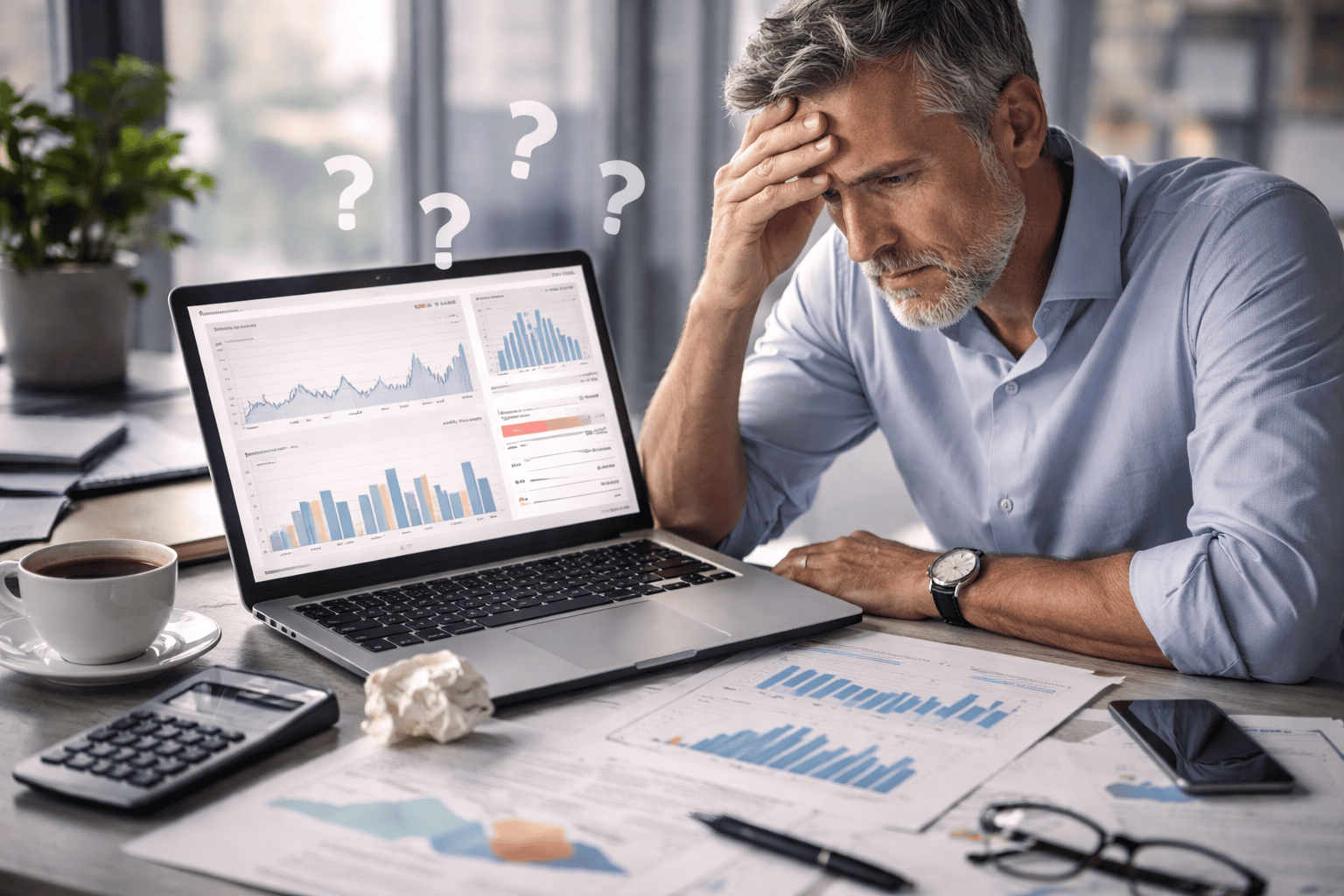 Photorealistic lifestyle image of a business owner reviewing conflicting financial dashboards on a laptop, holding his head in frustration, illustrating lack of trust in forecasts and unreliable business numbers.