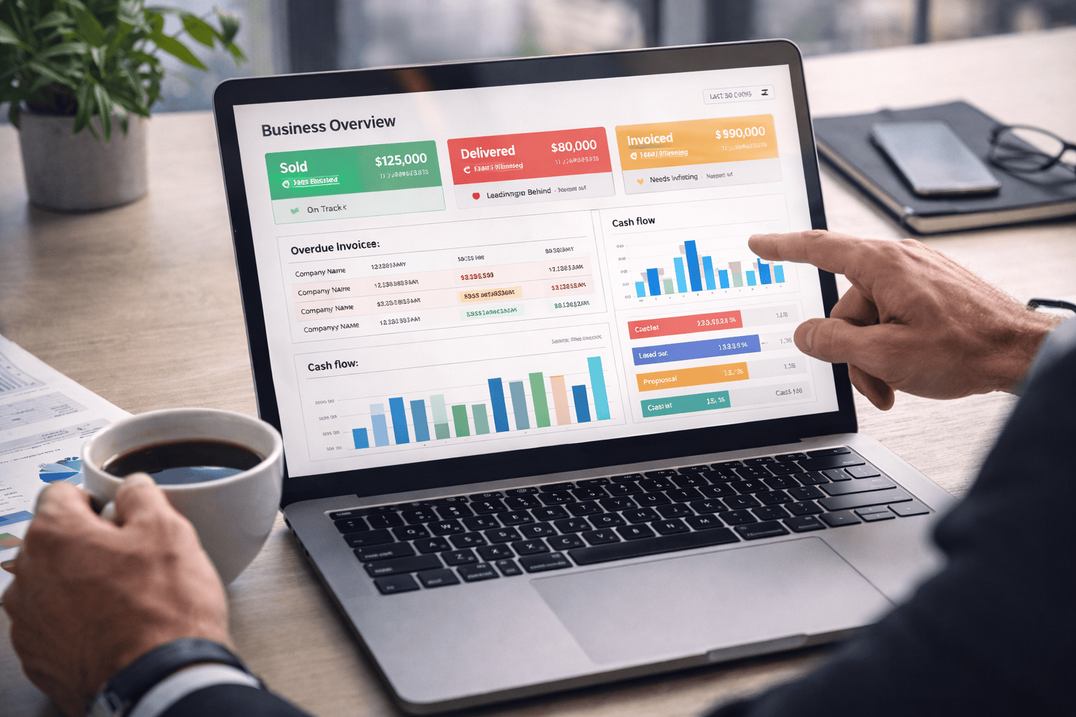 Photorealistic lifestyle image of a business owner reviewing a clear financial dashboard on a laptop, showing sold versus delivered versus invoiced amounts, highlighted overdue invoices, and real-time cash visibility, conveying confidence in data-driven decisions.