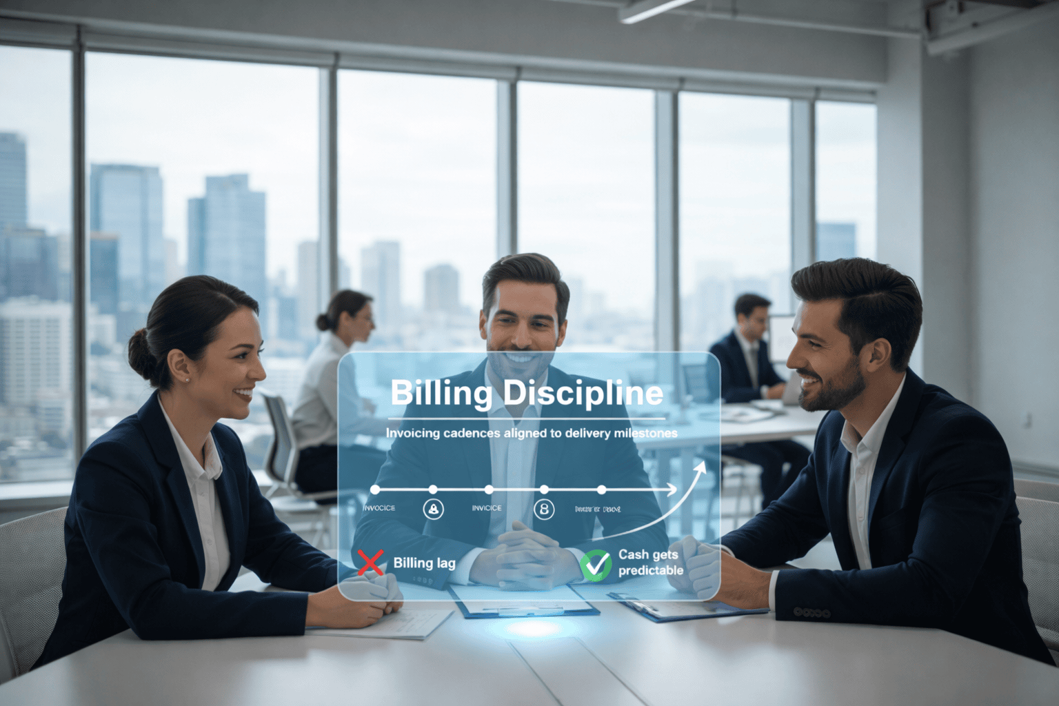 Photorealistic office meeting where three professionals review a billing discipline workflow, showing invoicing cadences aligned to delivery milestones and highlighting the shift from billing delays to predictable cash flow.