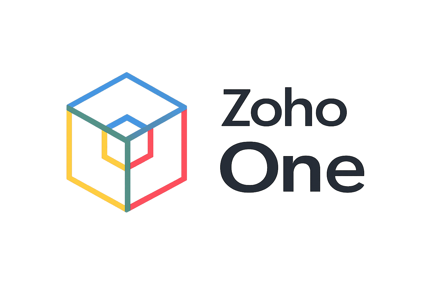 Modern vector redesign of the Zoho One logo featuring a multicolored interlocking cube beside bold “Zoho One” text, set against a clean white background with subtle gradient waves and abstract business icons representing unified systems.
