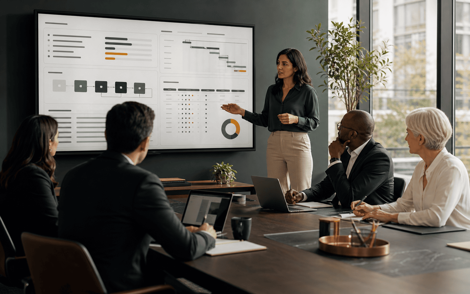 Photorealistic lifestyle image of a business owner reviewing a clear financial dashboard on a laptop, showing sold versus delivered versus invoiced amounts, highlighted overdue invoices, and real-time cash visibility, conveying confidence in data-driven decisions.