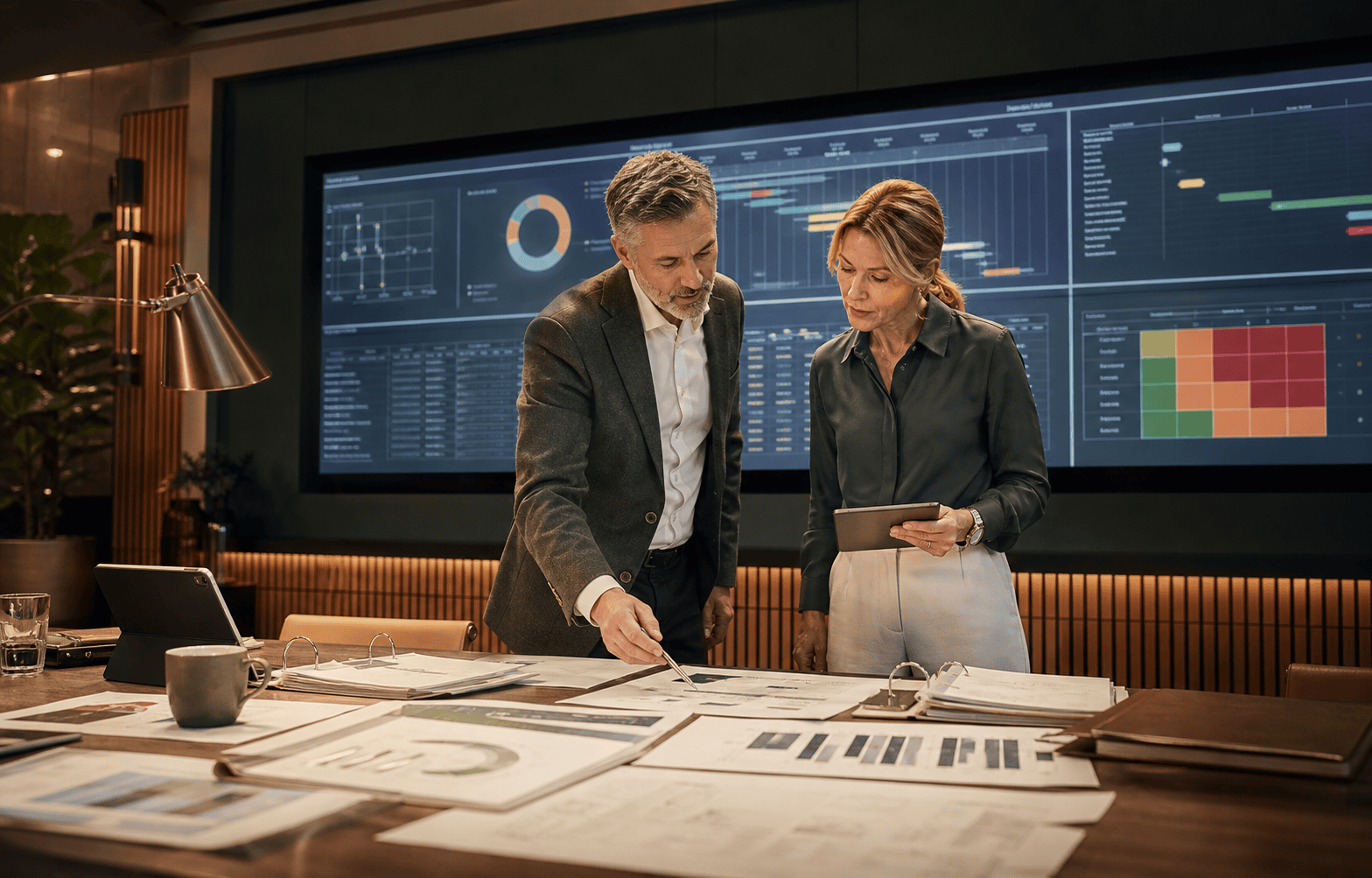 Two colleagues review project plans beside a screen of timelines and charts.